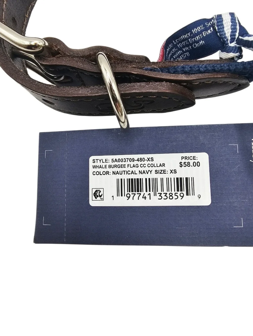 Vineyard Vines Whale Burgee Flag Cowhide Leather & Canvas Dog Collar NWT